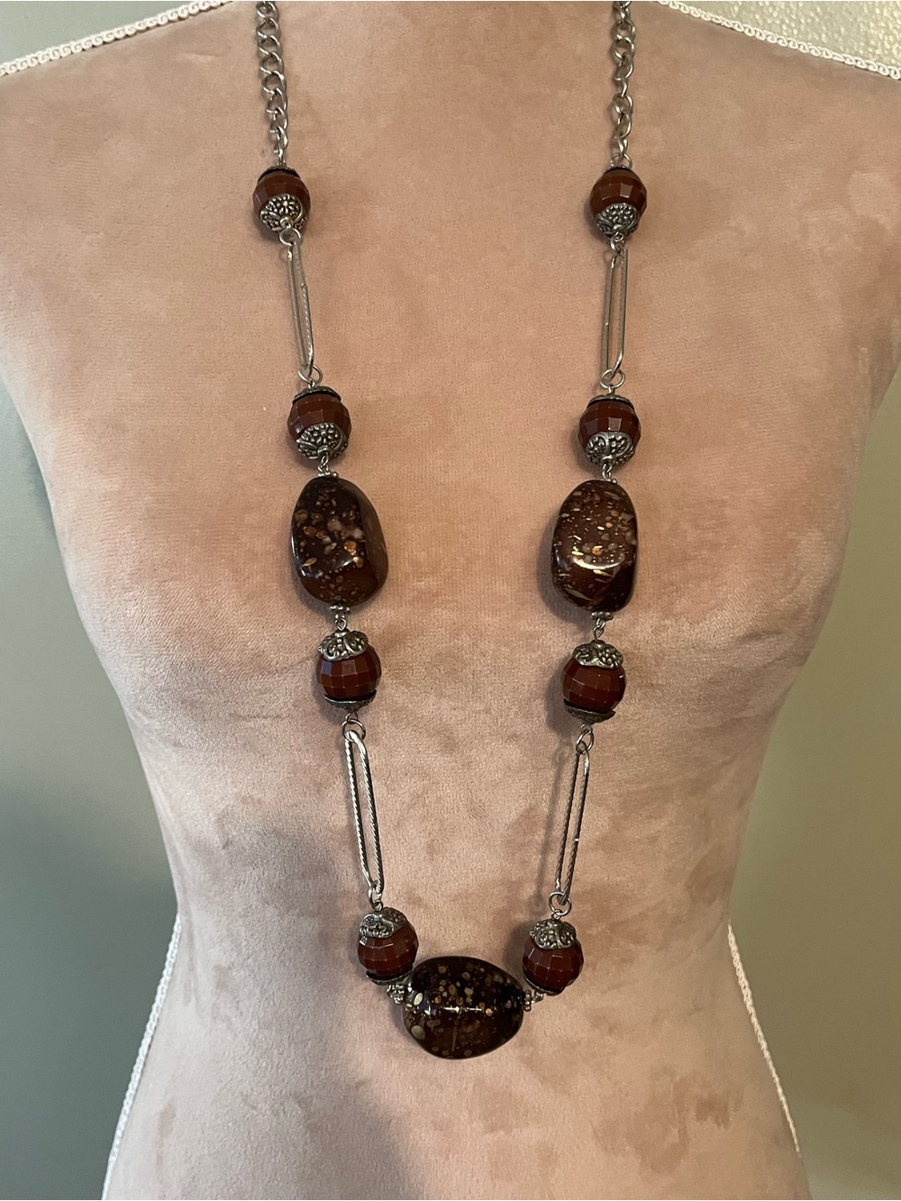 Long Brown Bead Statement Necklace